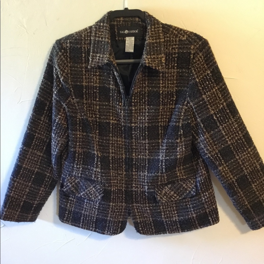Sag Harbor Brown Black Boucle Tweed Zip Front Blazer Jacket Size 12